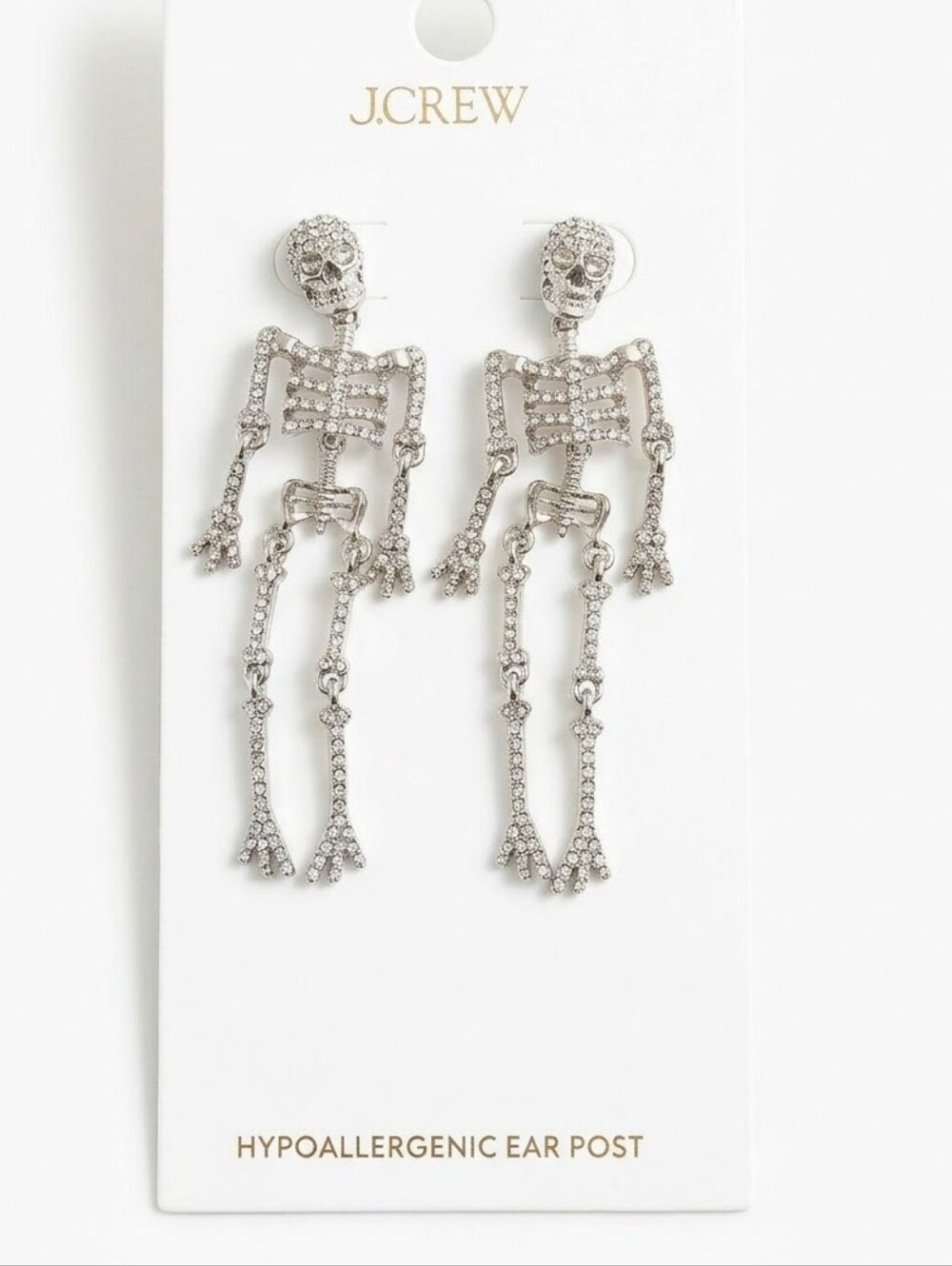 NWT J.Crew Silver Crystal Skeleton Dangle Drop Earrings Hypoallergenic